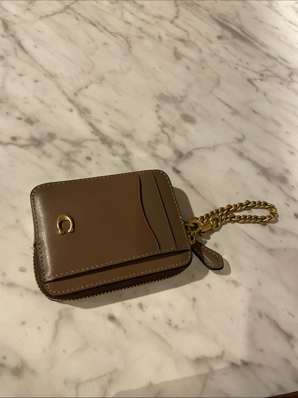Coach Brown Leather Zip Card Holder Keychain with Gold Chain 🍁🍂